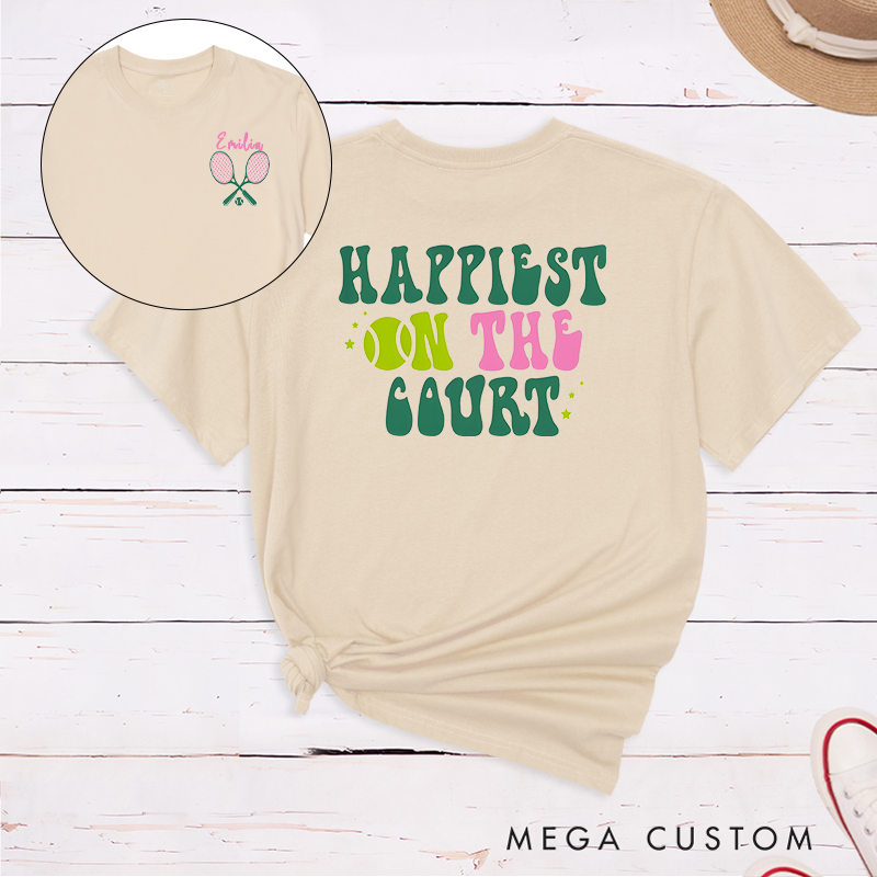 Personalized Tennis T-Shirt with "Happiest on the Court" Design and Custom Name