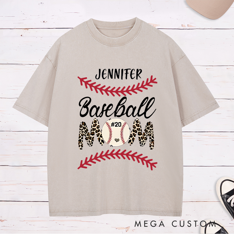 Personalized Baseball Mom Washed T-Shirt with Stylish Leopard Print and Number