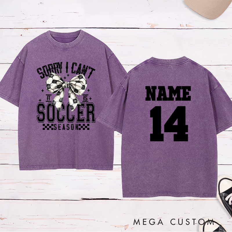 Personalized Soccer Season Washed T-Shirt with Stylish Bow Design and Custom Name and Number