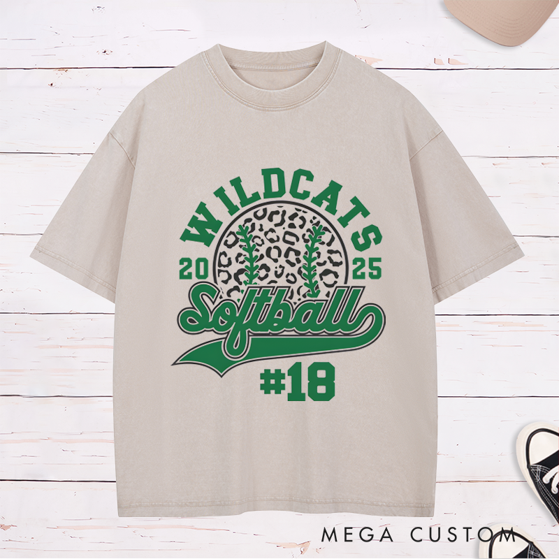 Personalized Customizable Softball Team Washed T-Shirt Design Featuring Bold Arched Team Name Leopard Print Softball Graphic Stylized Script Text for Softball and Custom Player Number
