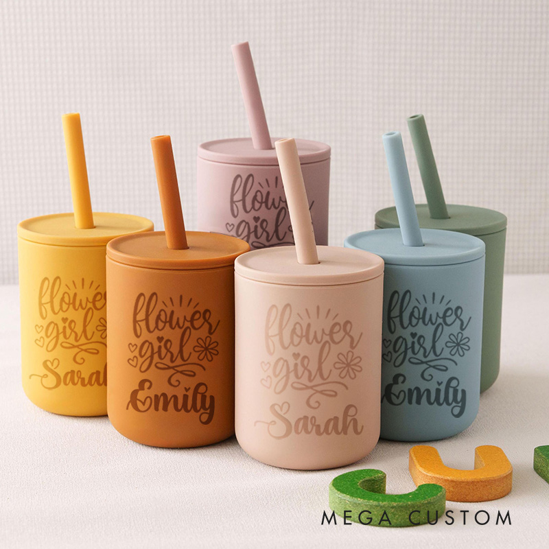 Personalized Flower Girl with Hearts and Flowers 7oz Wedding Kids Silicone Cup with Straw and Lid