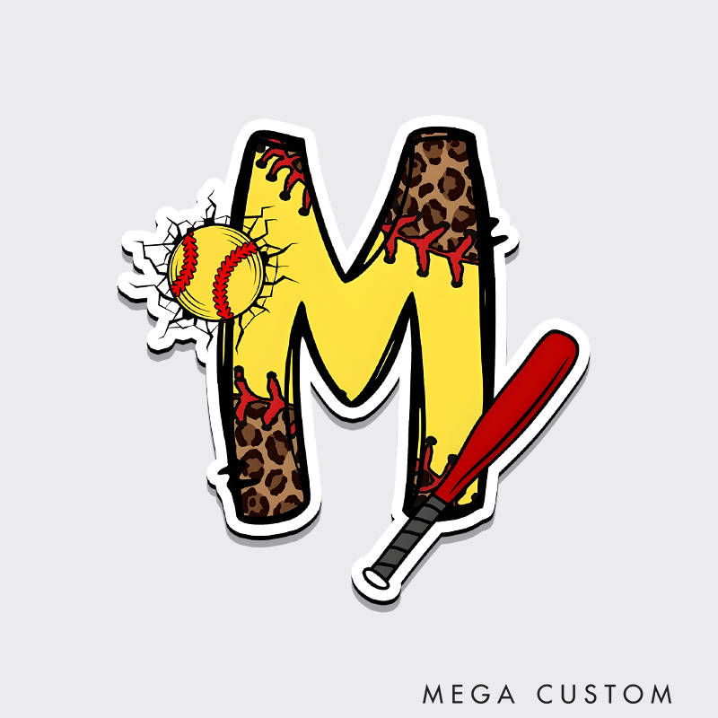 Personalized Softball Refrigerator Magnet with Custom Initial Name Leopard Print and Bat Design