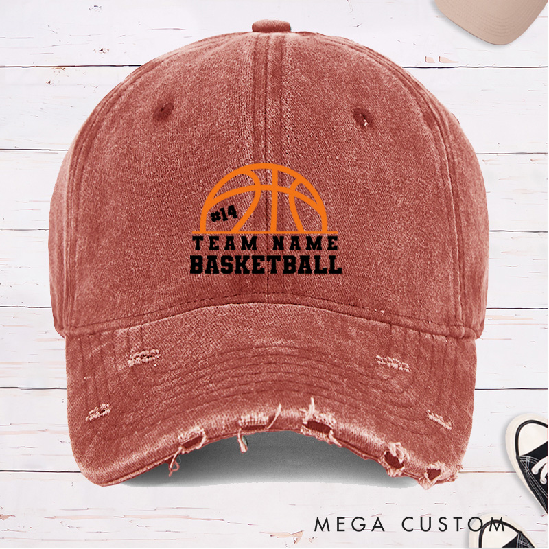 Personalized Distressed Denim Basketball Cap with Custom Team Name Player Number and Basketball Graphic Design