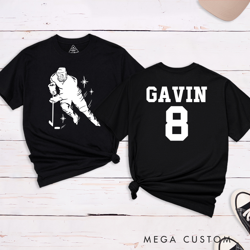 Personalized Hockey Player Silhouette T-Shirt with Custom Name and Number