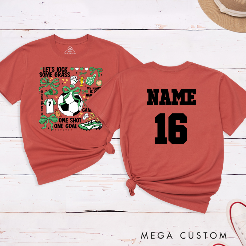 Personalized Soccer T-Shirt with Fun "Let's Kick Some Grass" Design and Custom Name and Number