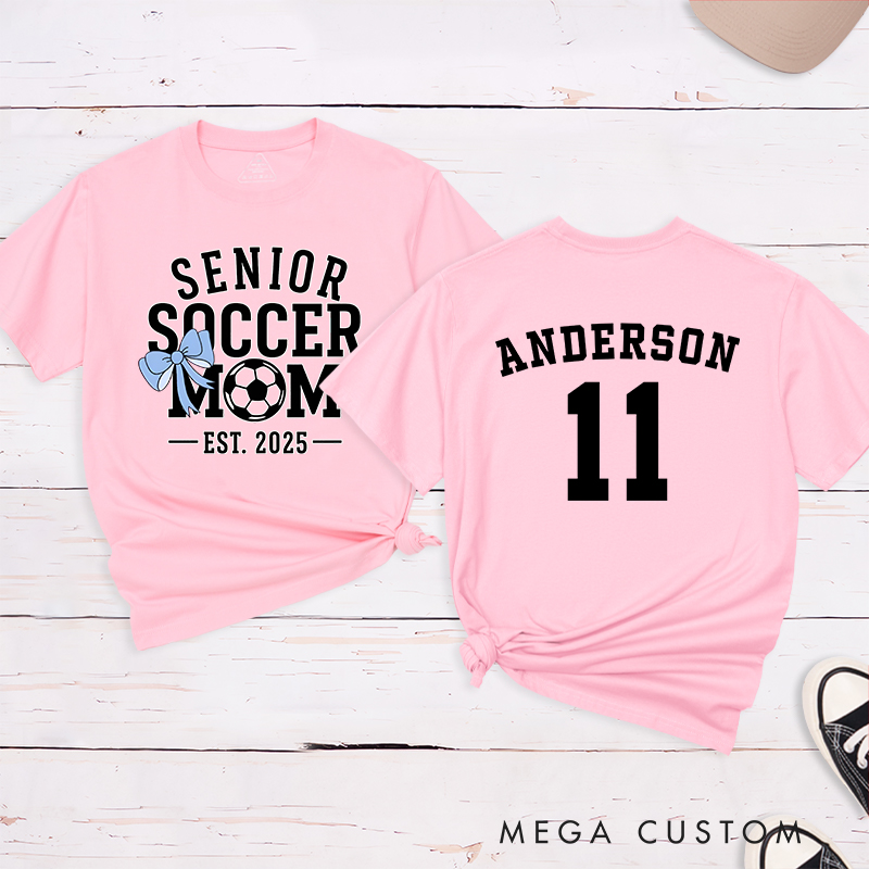 Personalized Senior Soccer Mom T-Shirt with Custom Name, Number, and Graduation Year