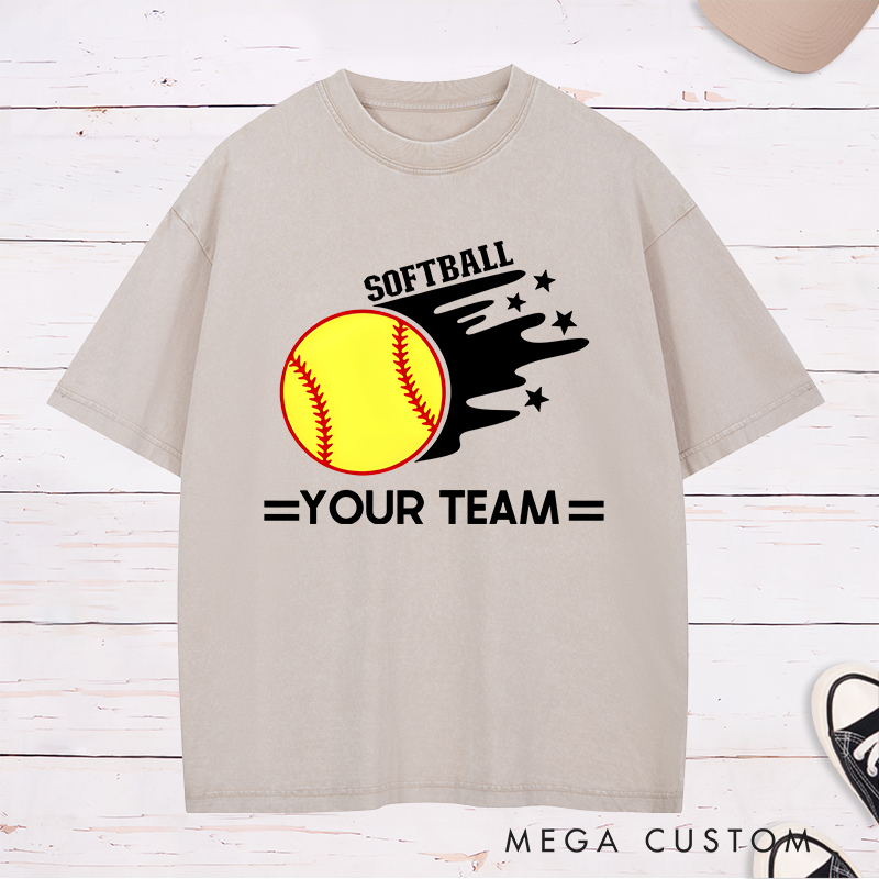 Personalized Softball Team Washed T-Shirt Design Featuring Customizable Team Name Bold Motion Trail Graphic with Stars and Striking Softball Element