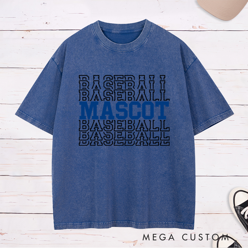 Personalized Baseball Washed T-Shirt Featuring Team Name and Repeating Text Pattern