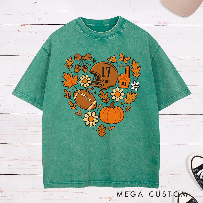 Personalized American Football Heart-Shaped Design Washed T-Shirts Custom Nmuber