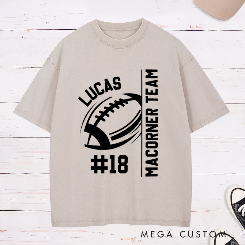 Personalized American Football and Rugby Design Washed T-Shirts Custom Mascot, Name and Number