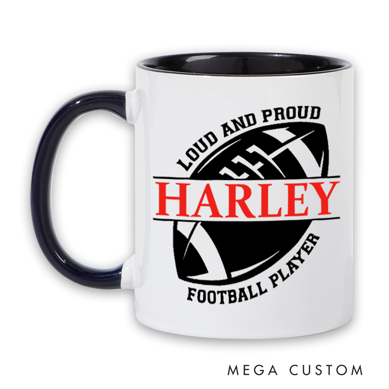 Personalized Rugby Mug with Custom Name Loud and Proud Football Player Design Durable Ceramic and Two Tone Handle