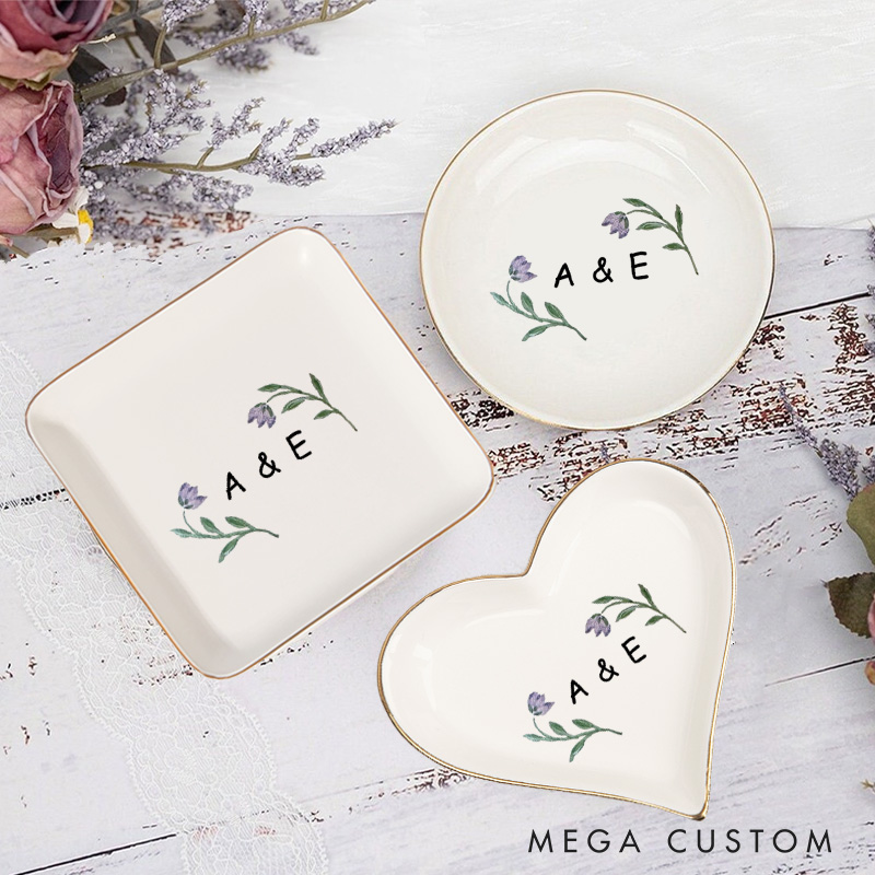 Personalized Watercolor Purple Tulip with Initials Wedding Engagement Gold-Trimmed Ring Dishes