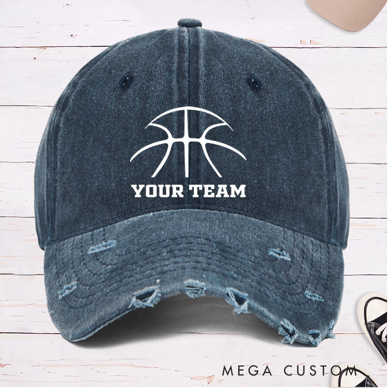 Personalized Distressed Denim Basketball Cap with Custom Team Name and Minimalist Basketball Design