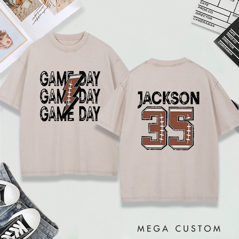Personalized Washed T-Shirt Game Day Football with Custom Name and Number Design