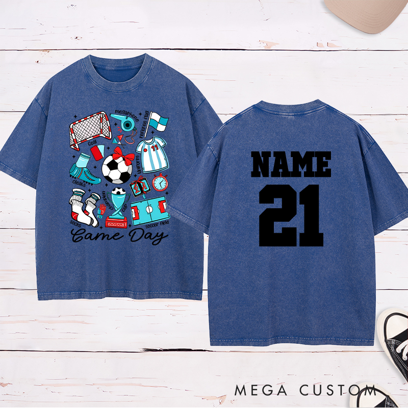 Personalized Game Day Soccer Washed T-Shirt with Fun Illustrated Graphics and Custom Name and Number
