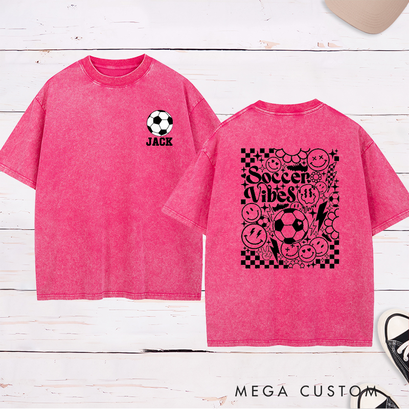 Personalized Soccer Washed T-Shirt with Custom Name and Bold Checkerboard Accents