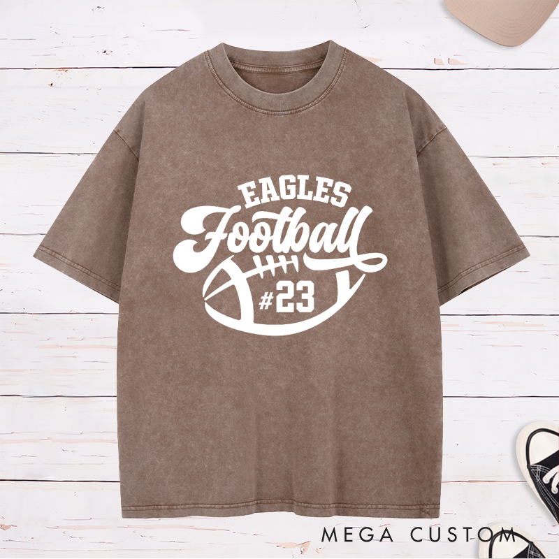 Personalized American Football Washed T-Shirts with Custom Team Name and Number,Sports Tee