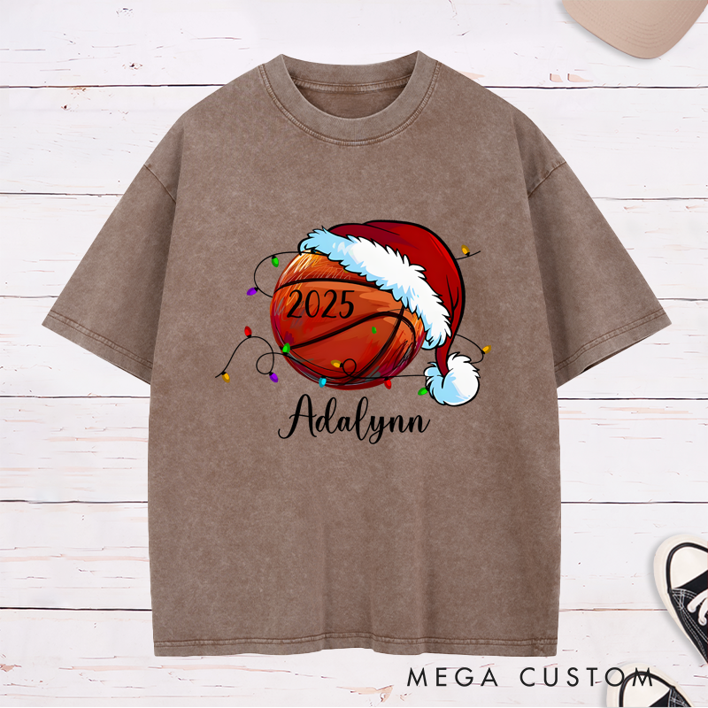 Personalized Festive Washed T-Shirt with Custom Name, Year, and Basketball Santa Hat Design
