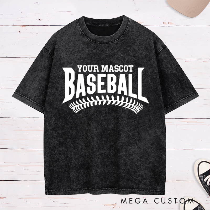 Personalized Baseball Washed T-Shirt with Custom Mascot Name and Classic Stitch Design