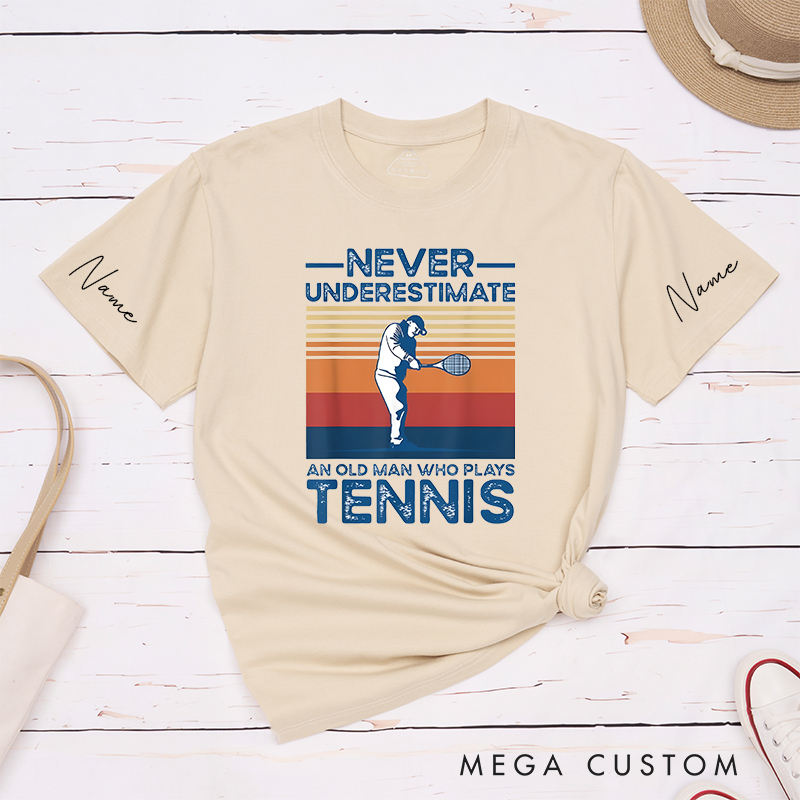 Personalized Tennis T-Shirt with Retro Sunset Graphic and Custom Name 