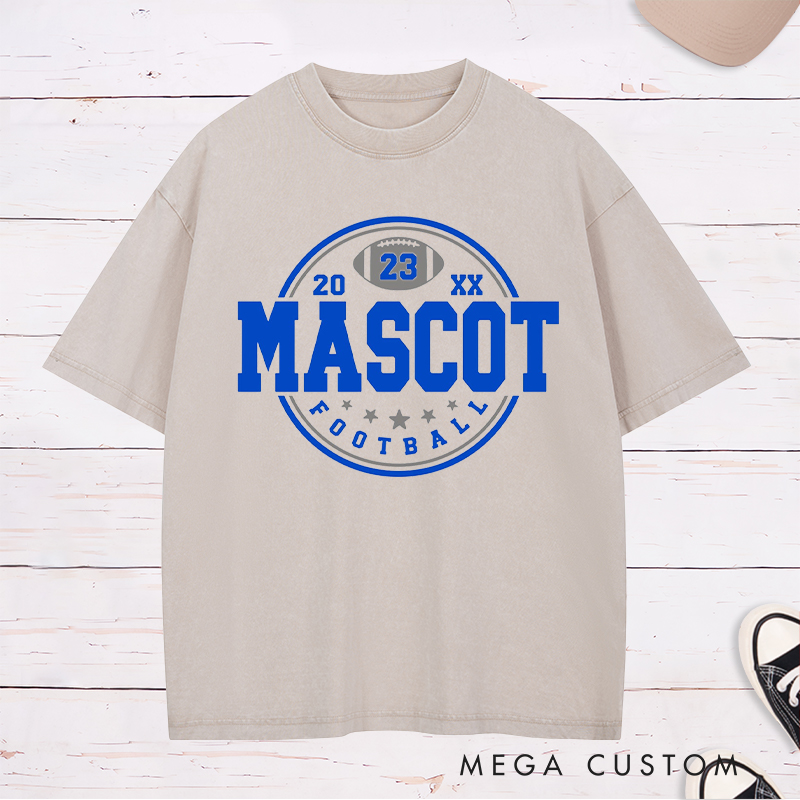 Personalized American Football Washed T-Shirts Featuring Custom Mascot ,Number and Year on the Front
