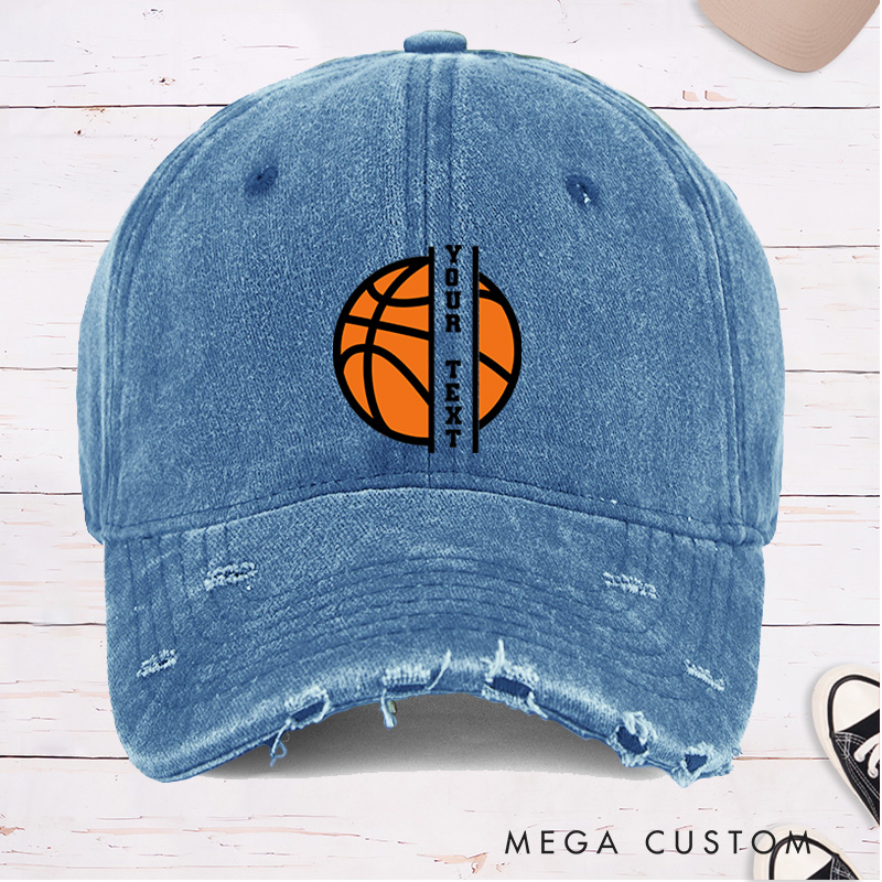 Personalized Distressed Denim Basketball Cap with Custom Text and Basketball Graphic Design