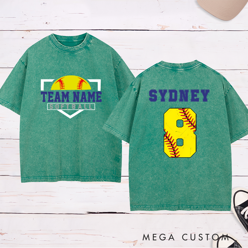 Personalized Softball Washed T-Shirt Design Featuring Custom Team Name on the Front and Player Name with Jersey Number on the Back