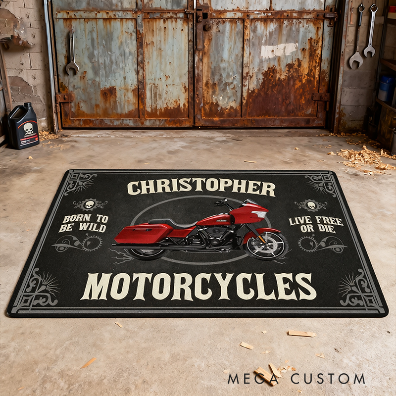 Personalized Motorcycle Door Mat with Born to Be Wild Design Custom Name Garage Door Mat Gifts