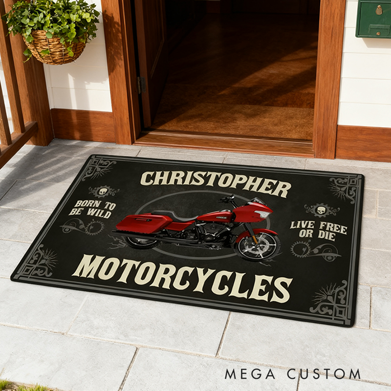 Personalized Motorcycle Door Mat with Born to Be Wild Design Custom Name Garage Door Mat Gifts