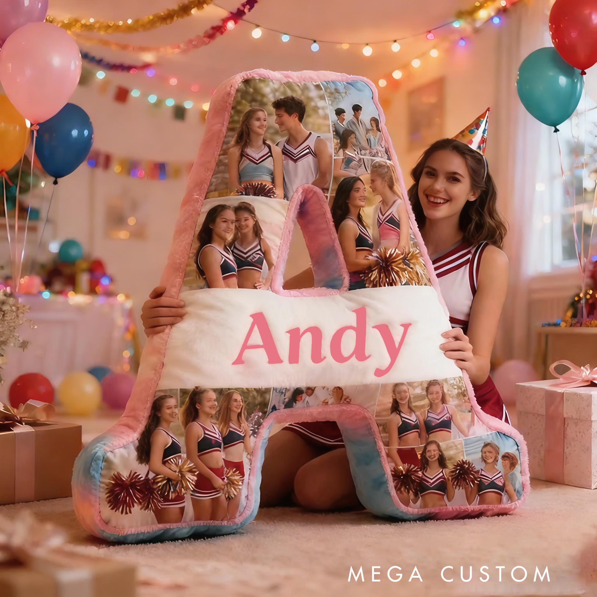 Personalized Cheerleader Photo Collage Initial Pillow with Custom Name for Family and Friends