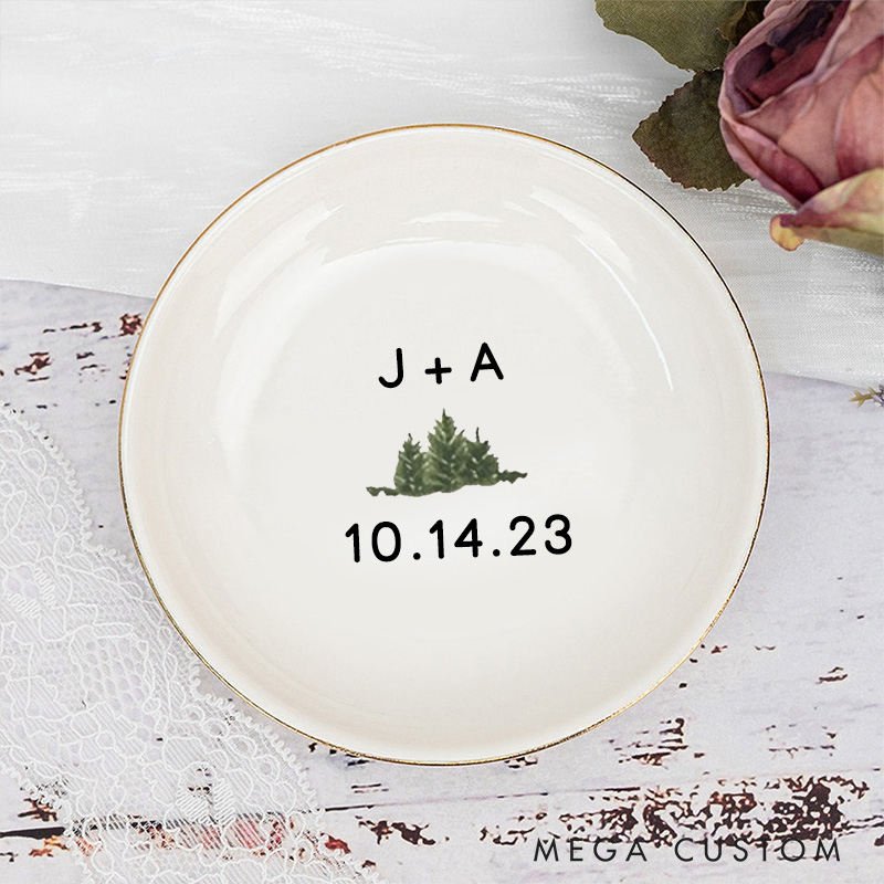 Personalized Minimalist Evergreen with Initials and Date Wedding Engagement Gold-Trimmed Ring Dishes