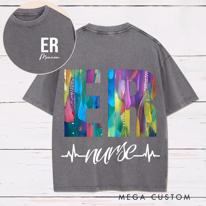 Personalized Two Sides Printed Washed T-Shirt Customized ER Nurse Vibrant Artistic Design Washed T-Shirt 