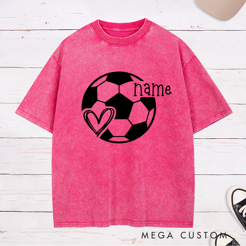 Personalized Soccer Heart Washed T-Shirt with Custom Name Design