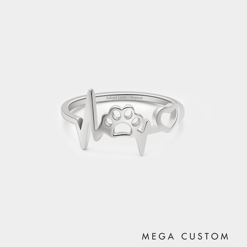 Personalized Custom Engraved Paw Print Heartbeat Ring 925 Sterling Silver or Gold Plated Personalized Inside Text Animal Jewelry Gift for Pet Lover 925 Sterling Silver