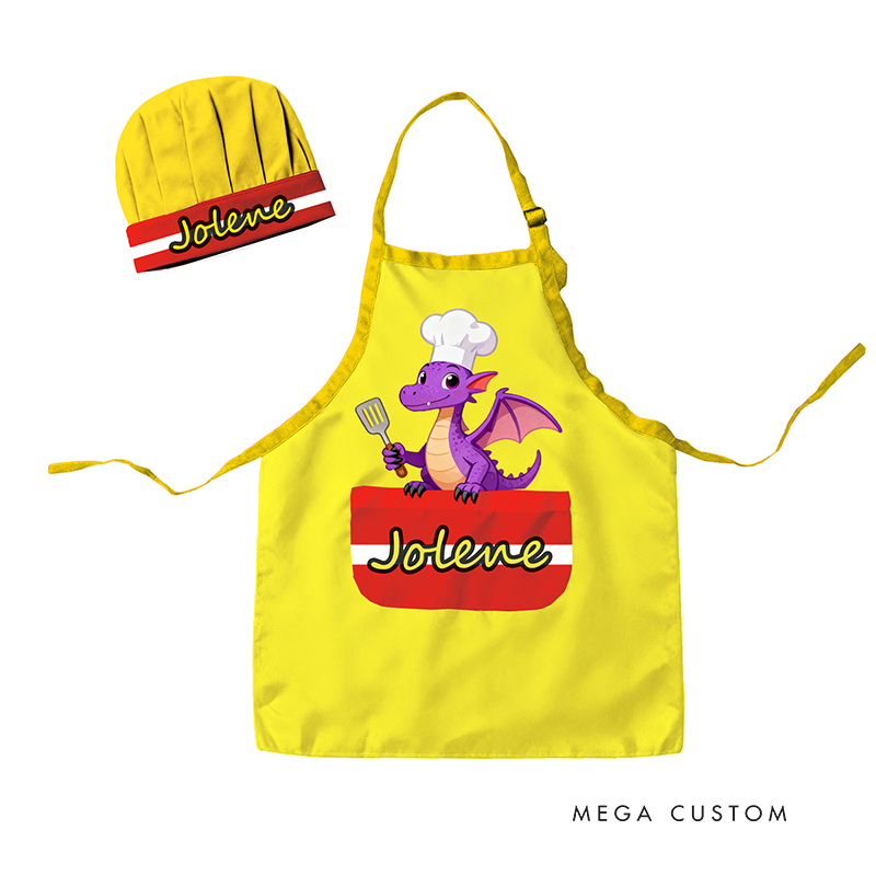 Personalized Little Flying Dragon Adjustable Kid Apron Chef Hat Set with Pocket and Name for Cooking Baking Birthday Holiday Gift for Kids