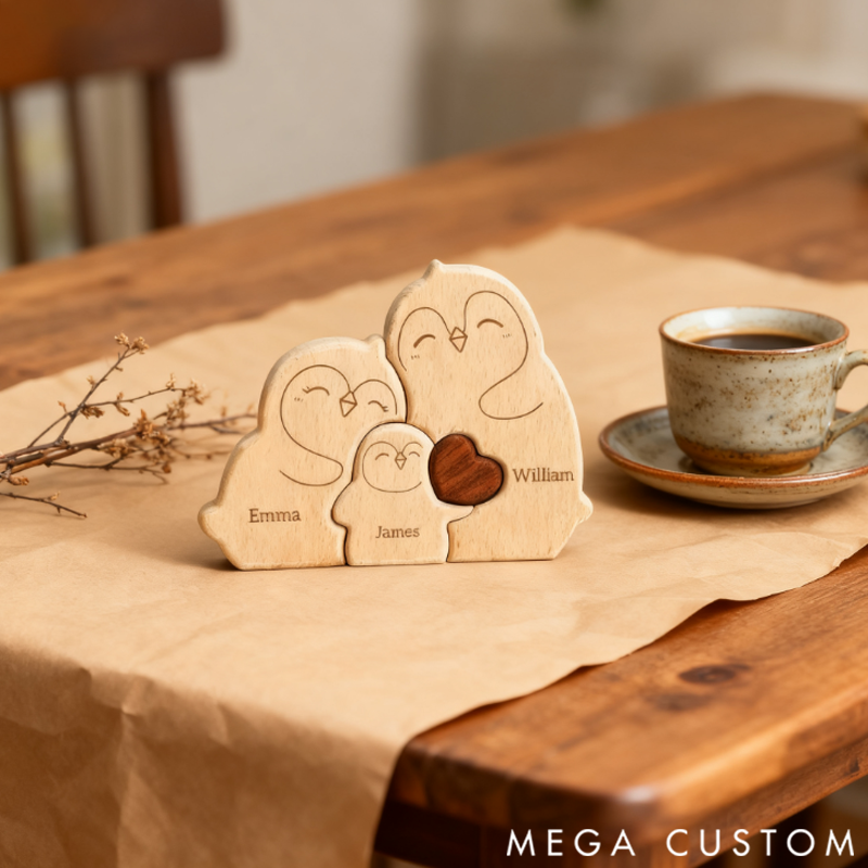 Personalized little Penguin Family Wooden Puzzle Ornament Holiday Gift Heartwarming Family Ornament
