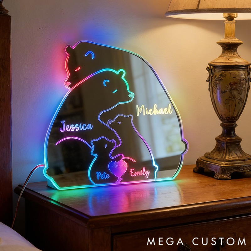 Personalized Heart Name Bear Family LED Mirror Light