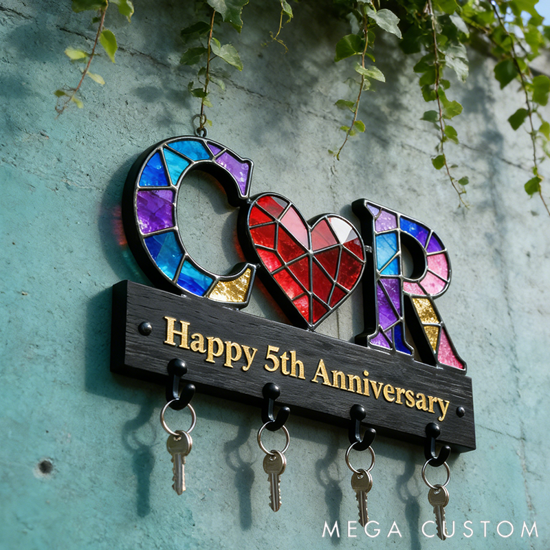 Personalized Key Holder with Initials Heart Couple Anniversary