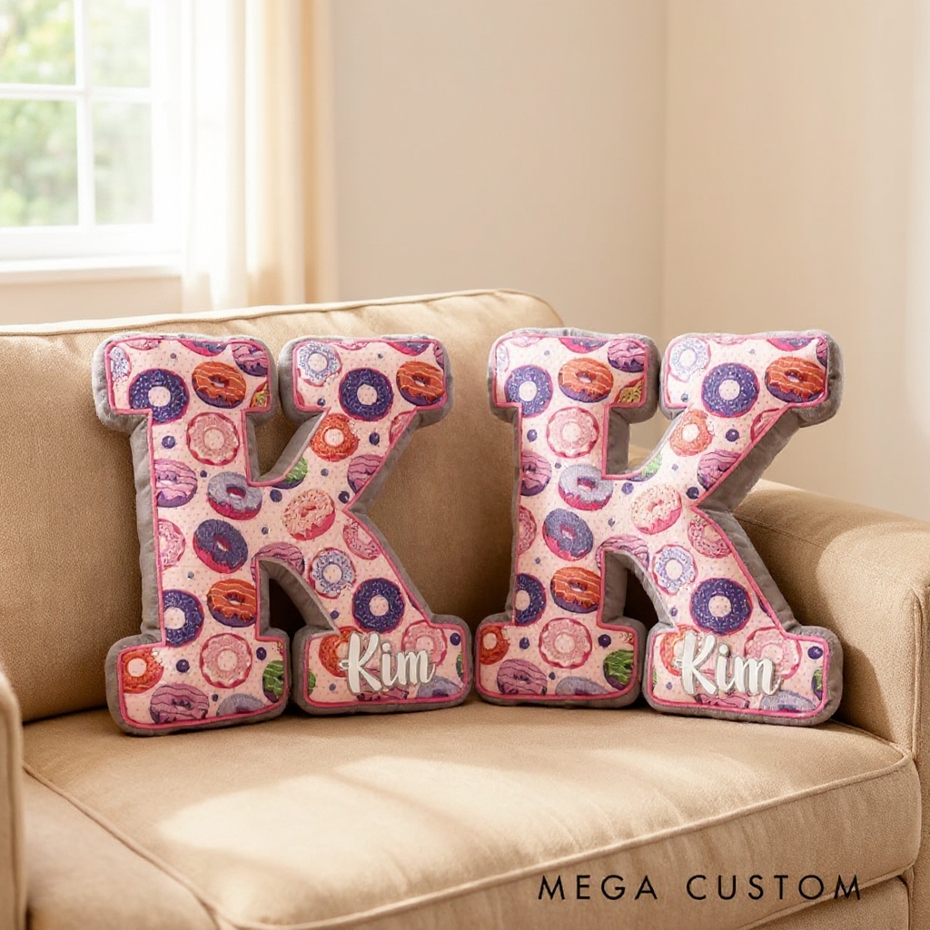 Personalized Donut Themed Letter Shaped Pillow Custom Name Design Gift