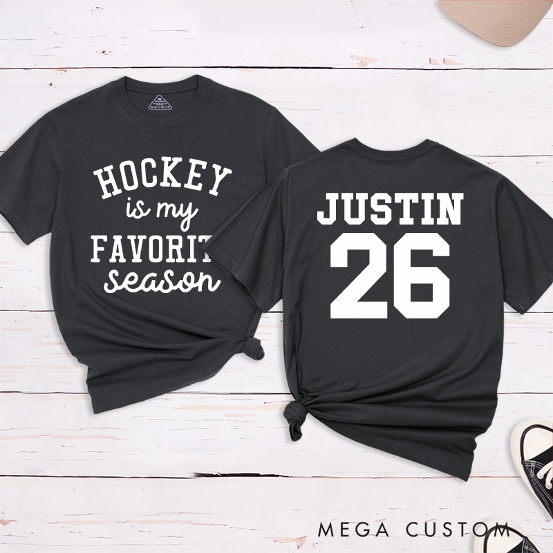 Personalized "Hockey Is My Favorite Season" T-Shirt with Custom Name and Number