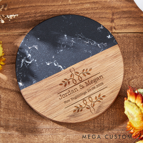 Personalized Marble and Wood Coaster Elegant New Beginnings Coaster Wedding Housewarming Gift Engraved Engagement Gift for Couple New Home Gift