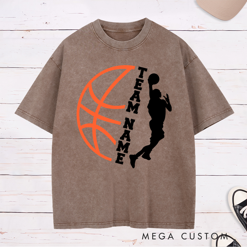 Personalized Washed T-Shirt Design Featuring Custom Team Name with Dynamic Dunking Player Silhouette and Bold Basketball Graphic