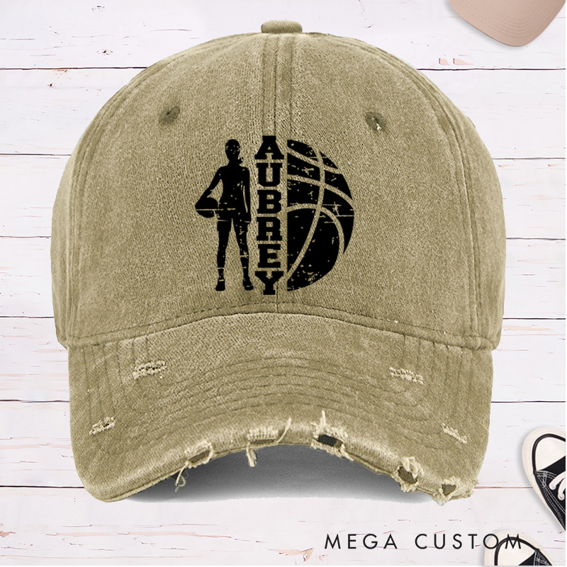 Personalized Distressed Denim Basketball Cap with Custom Name and Player Silhouette Design