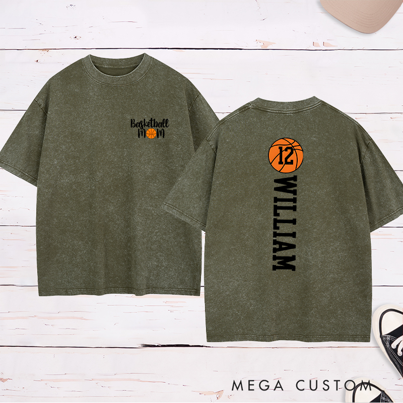 Personalized Washed T-Shirt Design Celebrating Basketball Moms with Customizable Player Name and Number for a Stylish and Supportive Look