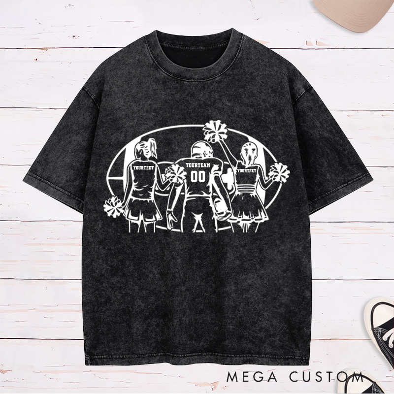 Personalized American Football Cheerleader Washed T-Shirts with Custom Player and 2 Cheerleader Name and Number