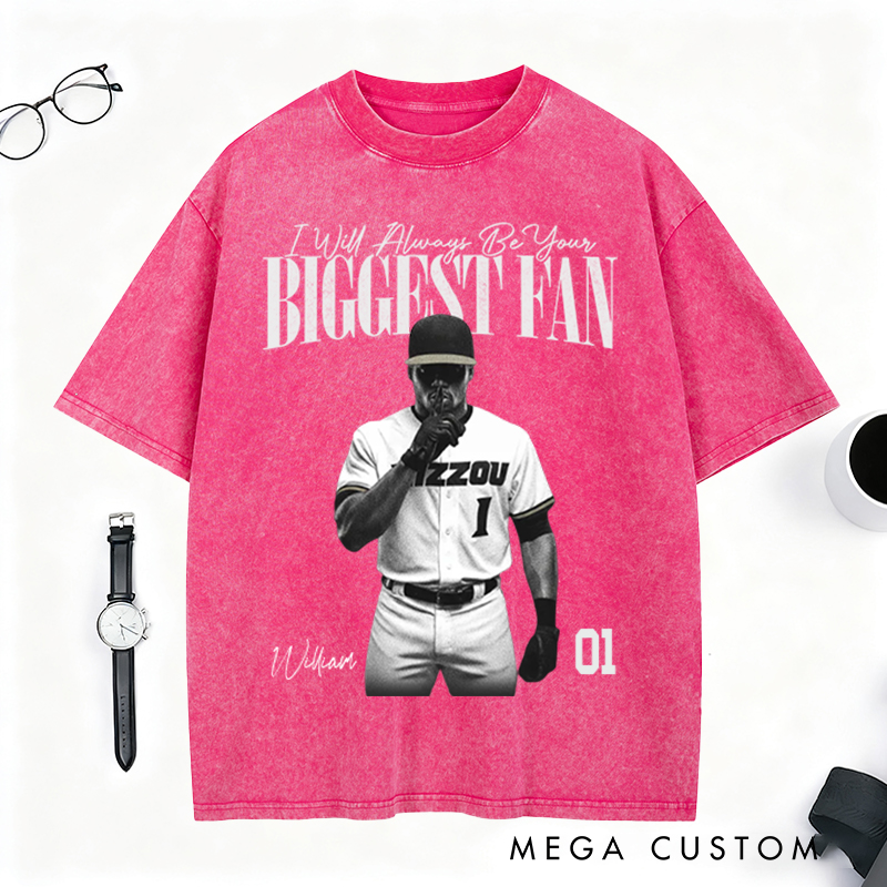 Personalized Biggest Fan Washed T-Shirt with Player Image and Name Customization