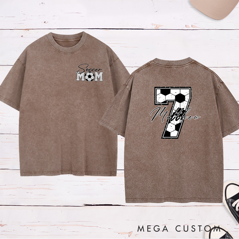 Personalized Soccer Mom Washed T-Shirt with Custom Name and Number Design