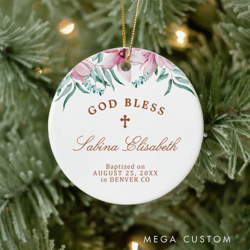 Personalized Pink Floral God Bless Ceramic Ornament with Name Date First Communion Gift for Christian Confirmation and Baptism Gift