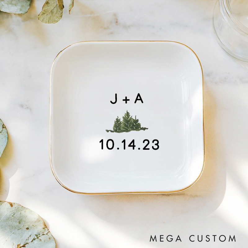 Personalized Minimalist Evergreen with Initials and Date Wedding Engagement Gold-Trimmed Ring Dishes