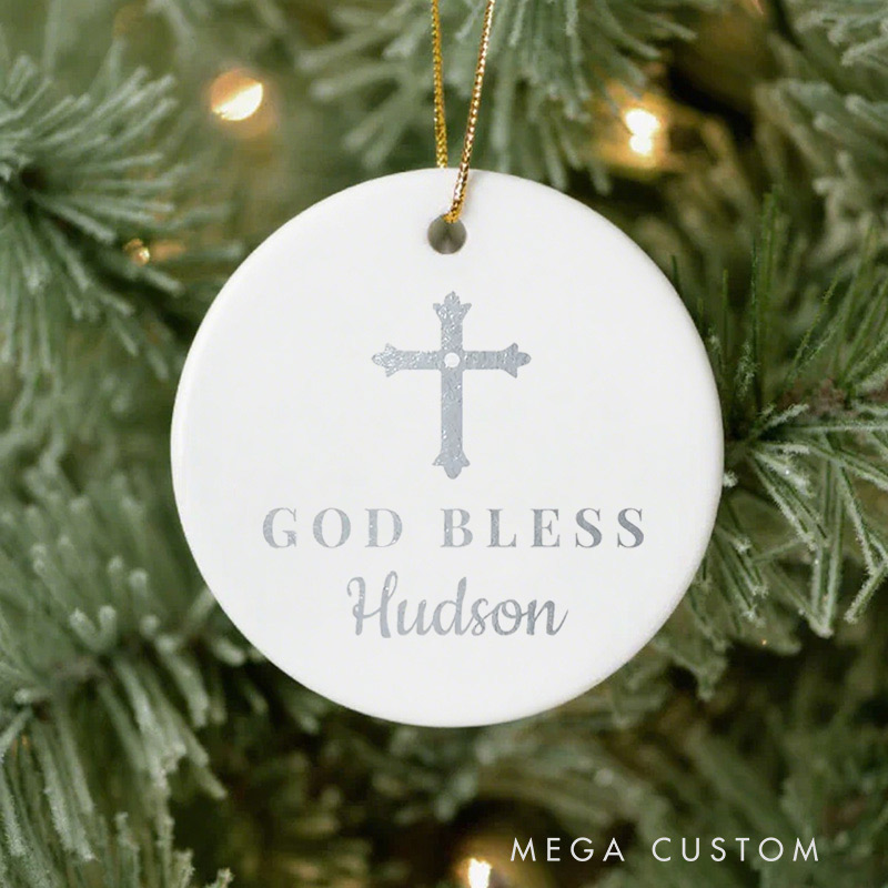 Personalized God Bless Cross Ceramic Ornament with Name First Communion Gift for Christian Confirmation and Baptism Gift